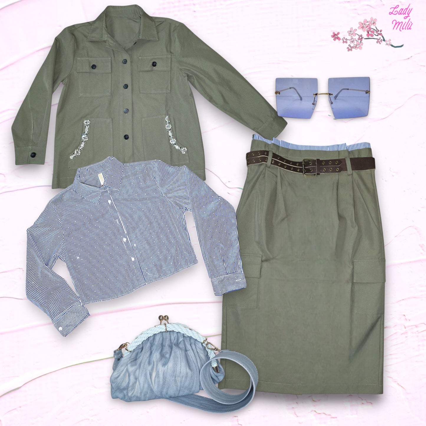 Outfit - Verde militare e millerighe azzurre