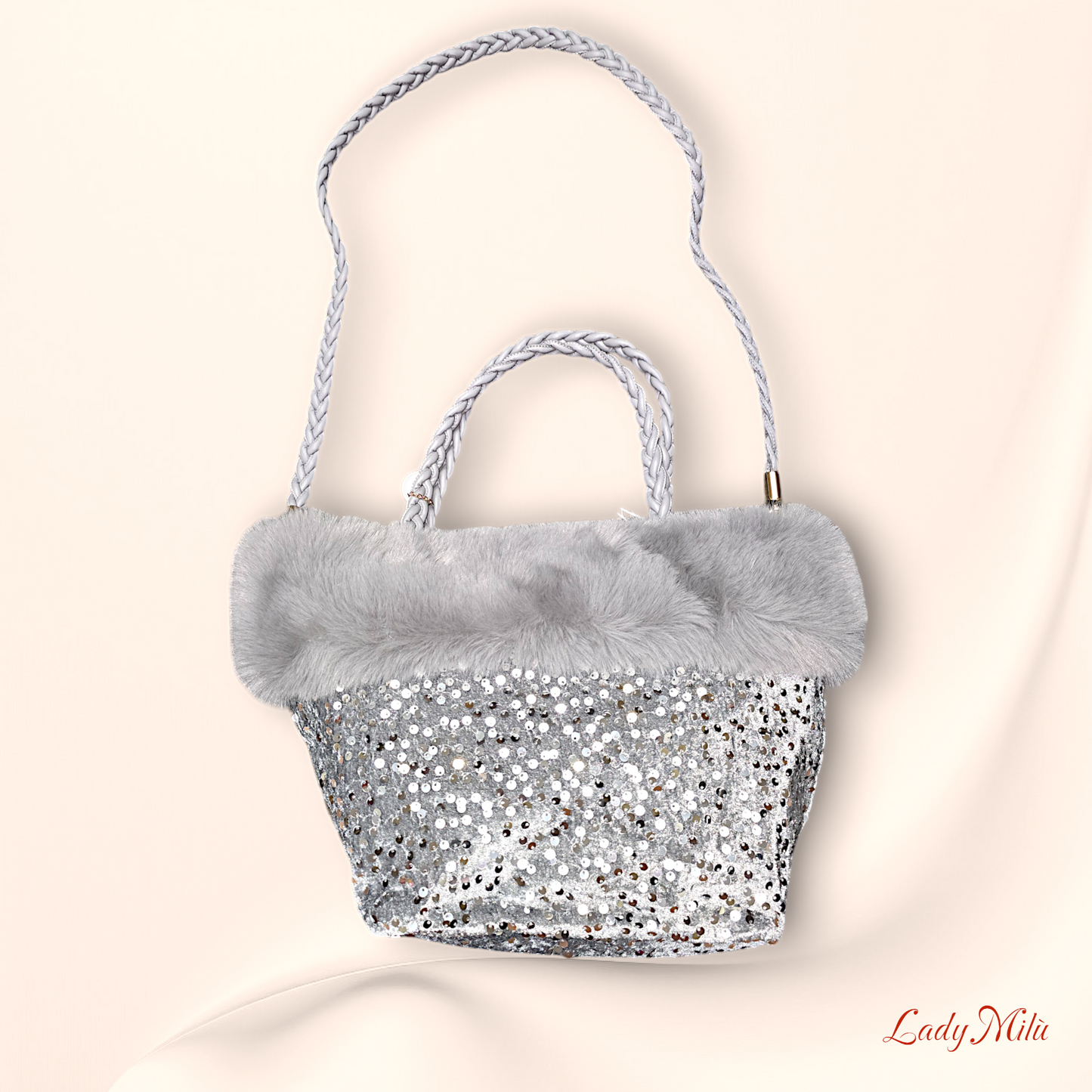 Borsa pelliccia grigia e paillettes