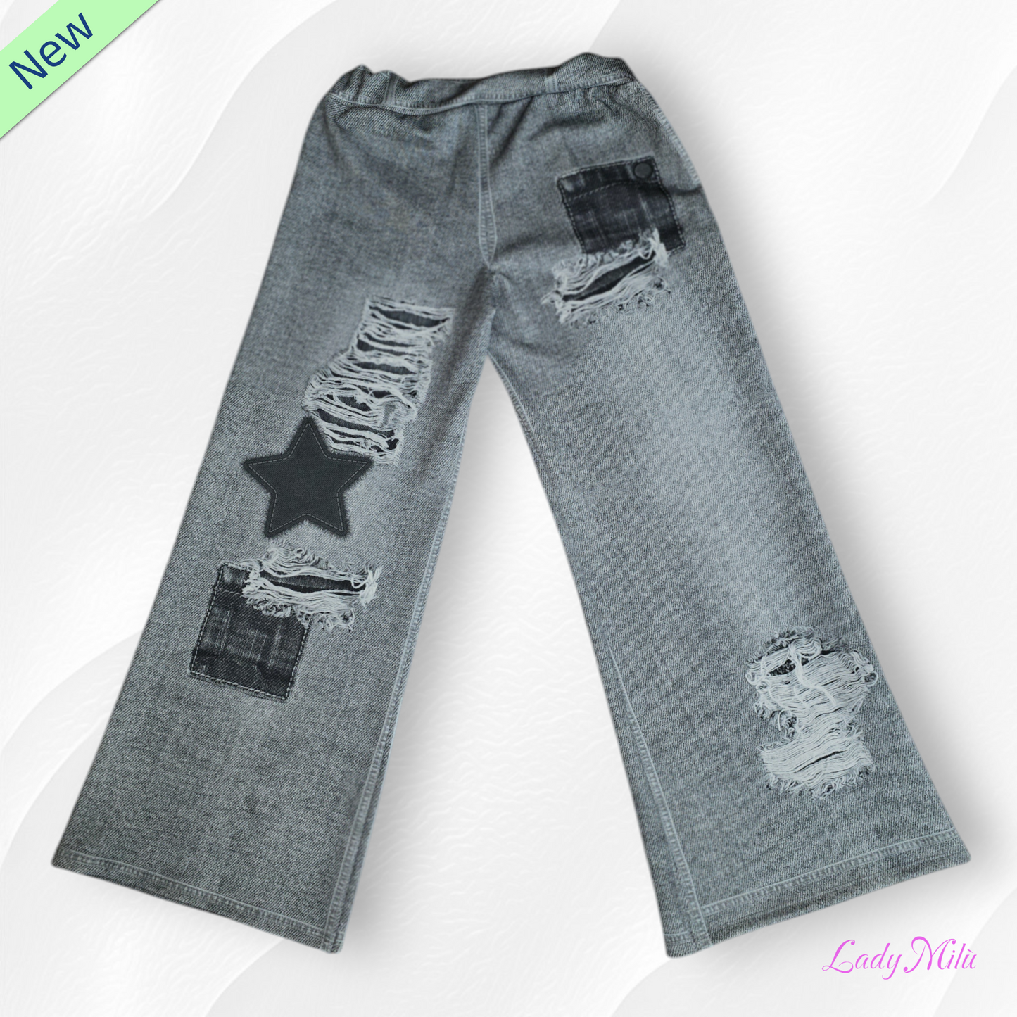 Pantalone effetto jeans nero elasticizzato gamba larga