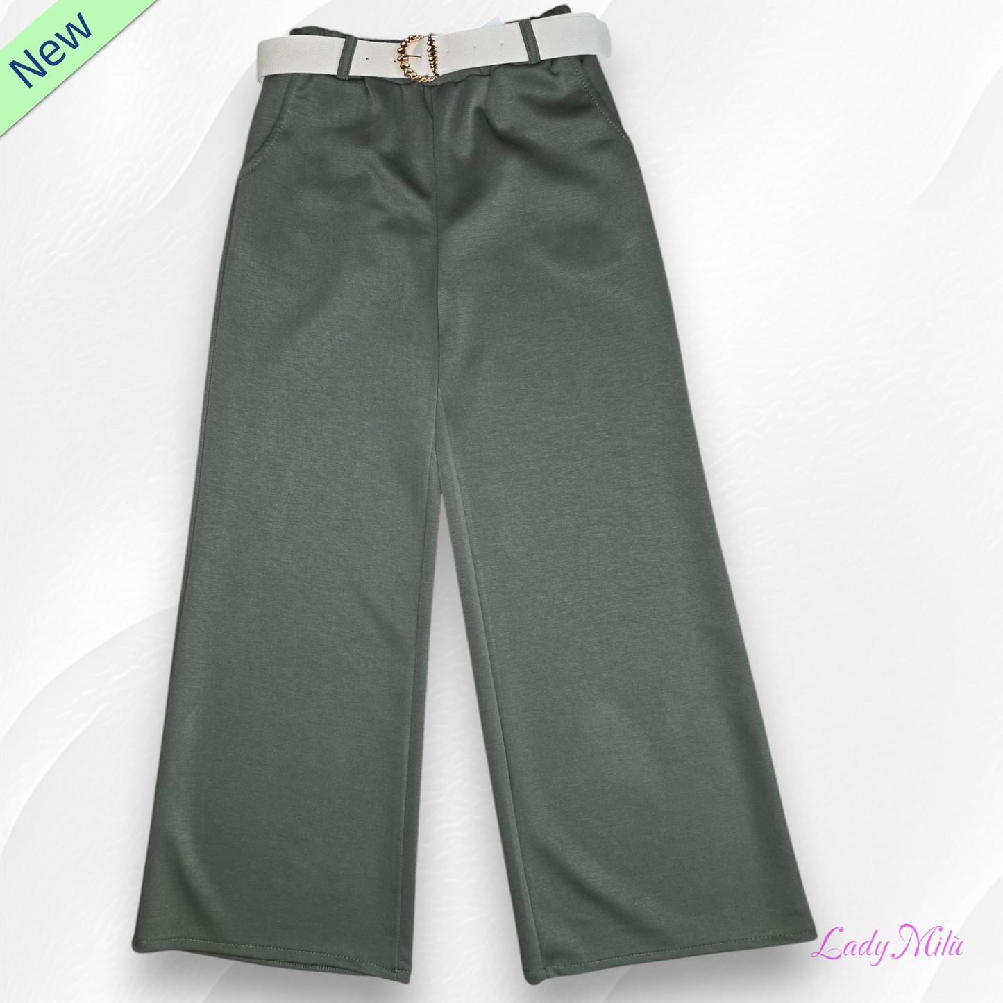 Pantalone verde elasticizzato con cinta gamba larga