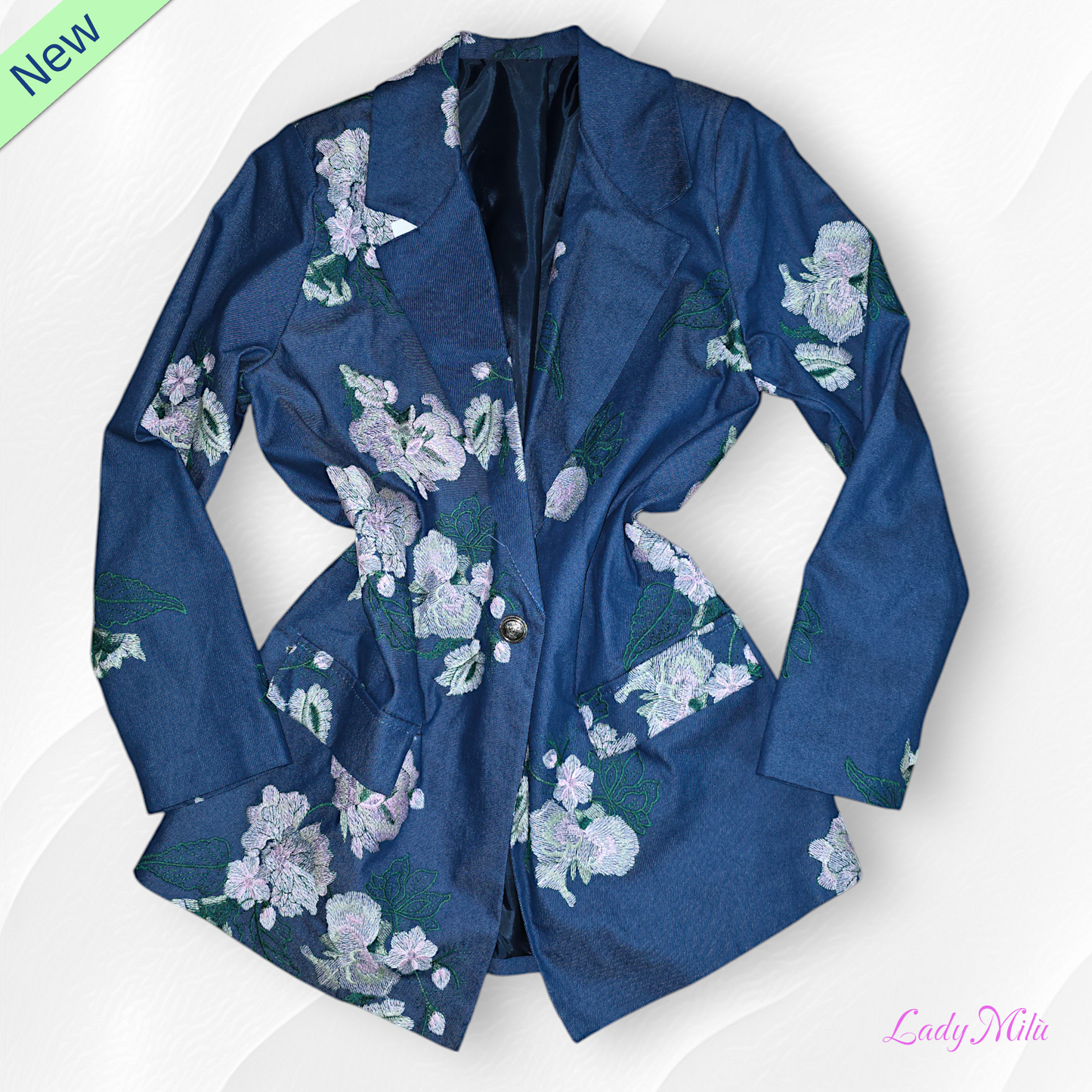 Giacca jeans con fiori ricamati rosa