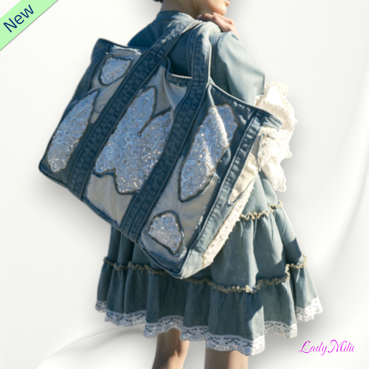 Borsa jeans con paillettes e pizzo