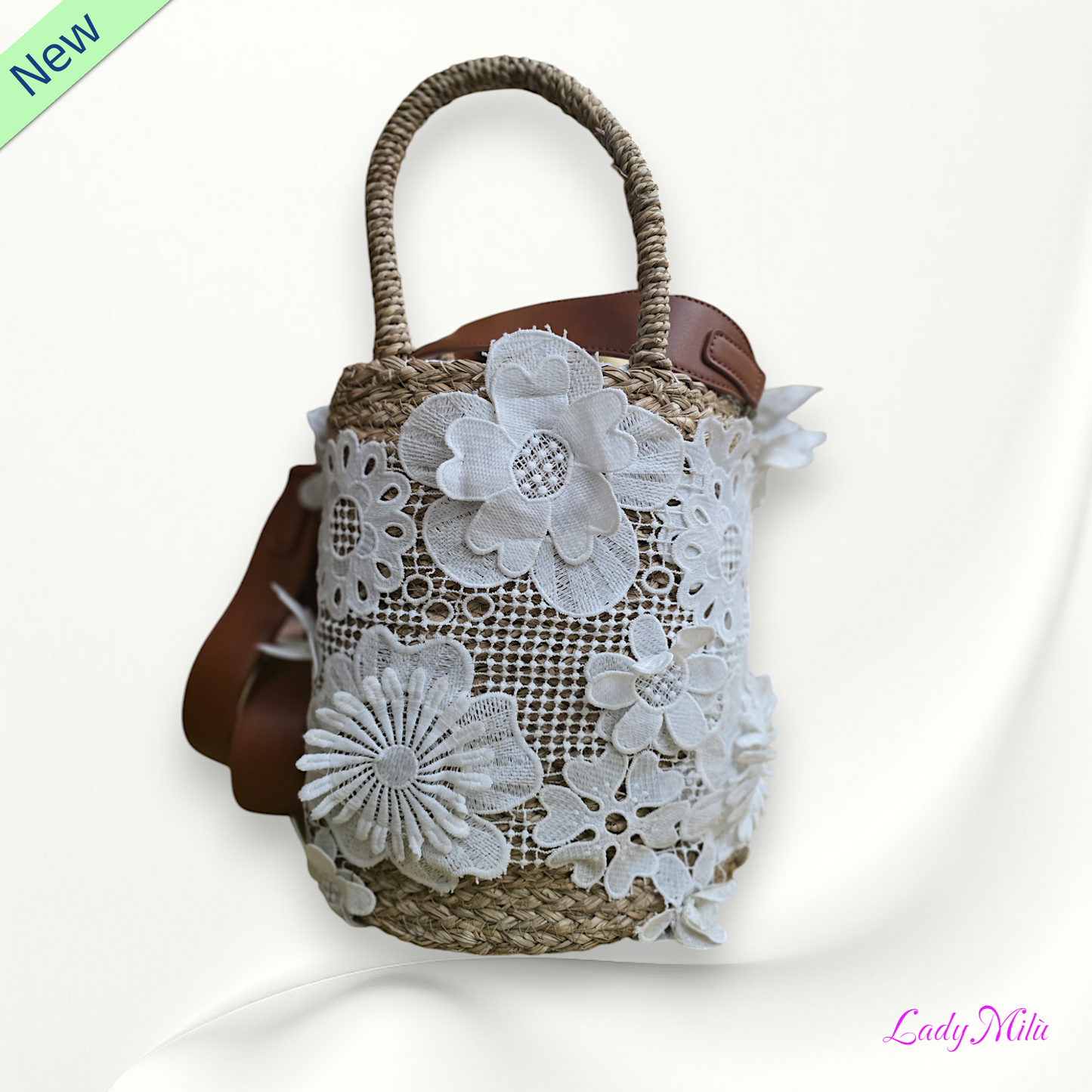 Borsa secchiello paglia perle e pizzo