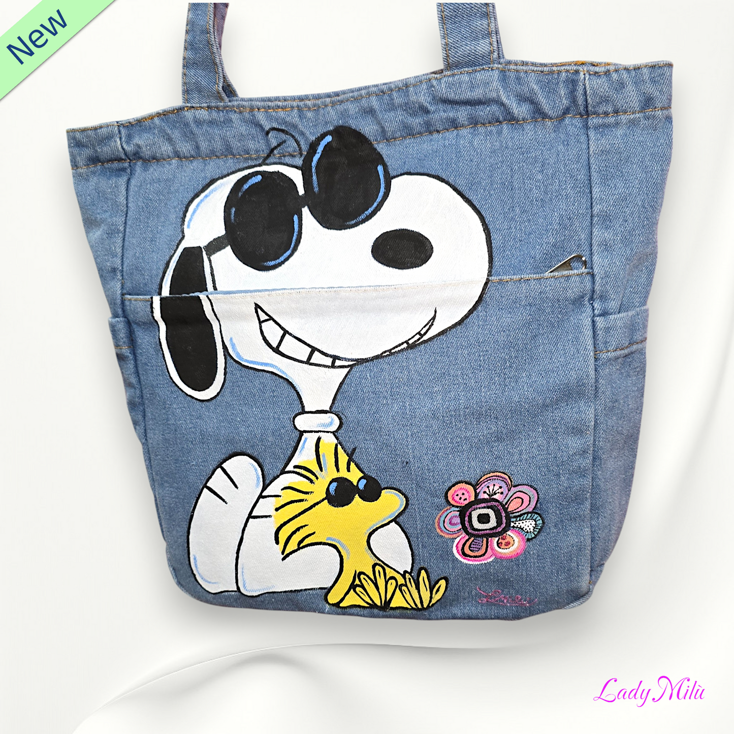 Borsa jeans dipinta a mano con SNOOPY & WOODSTOCK