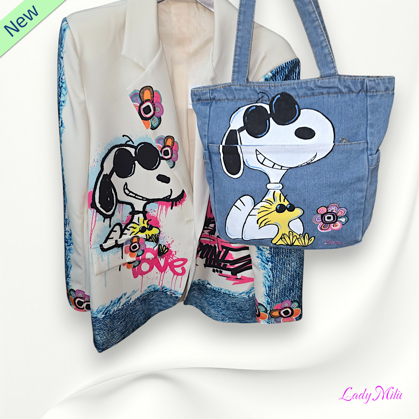Borsa jeans dipinta a mano con SNOOPY & WOODSTOCK