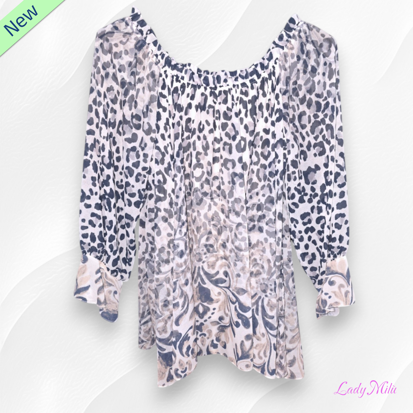 Blusa maculata grigia e beige