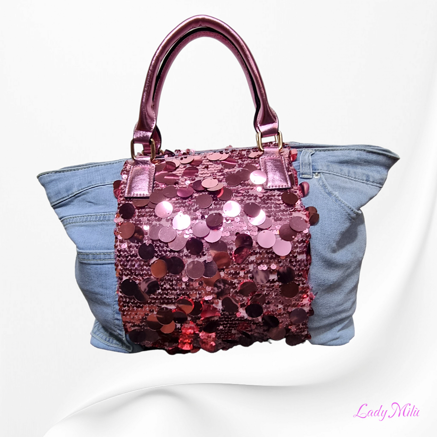 Borsa Jeans rosa metallizzato e paillettes