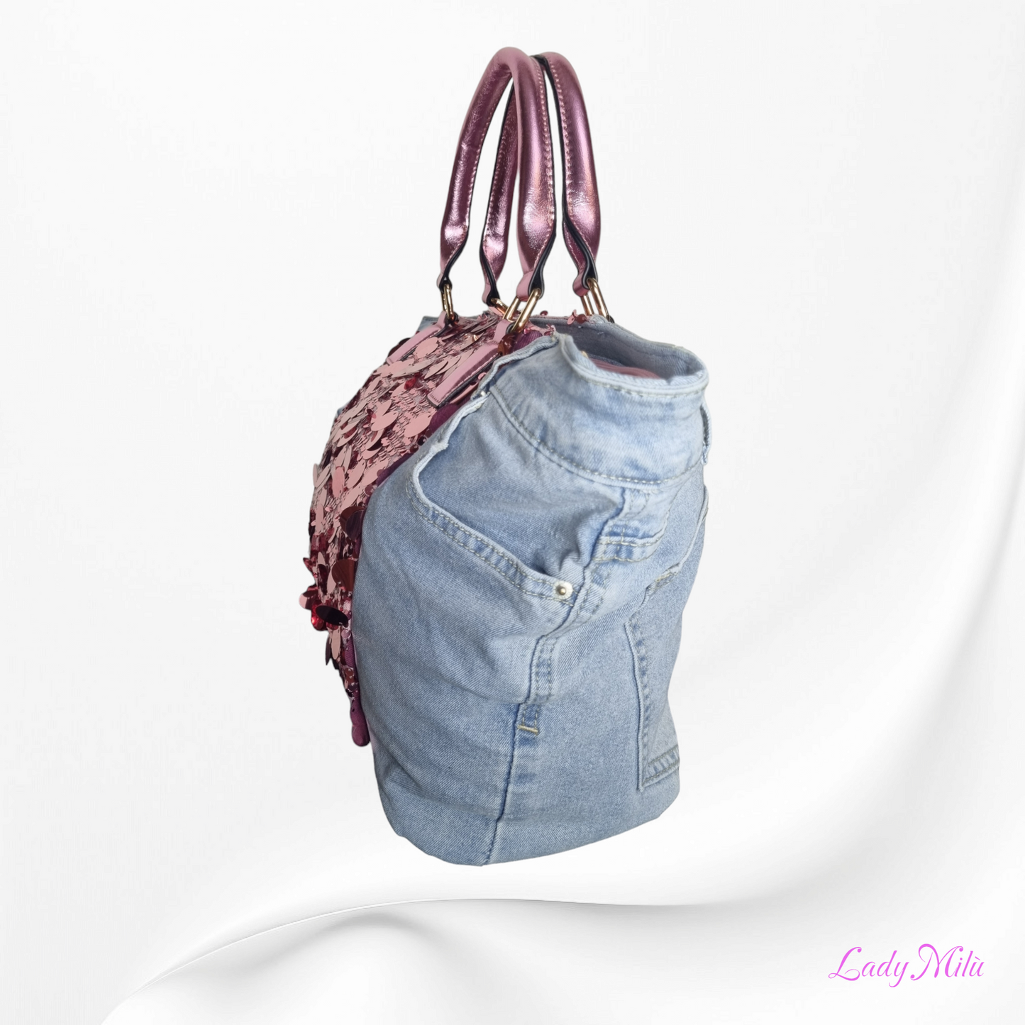 Borsa Jeans rosa metallizzato e paillettes
