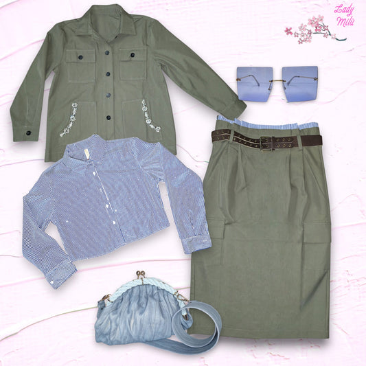 Outfit - Verde militare e millerighe azzurre
