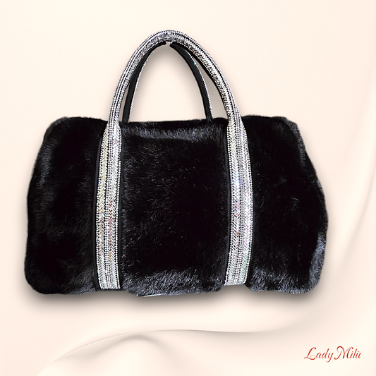 Borsa pelliccia nera con manici strass