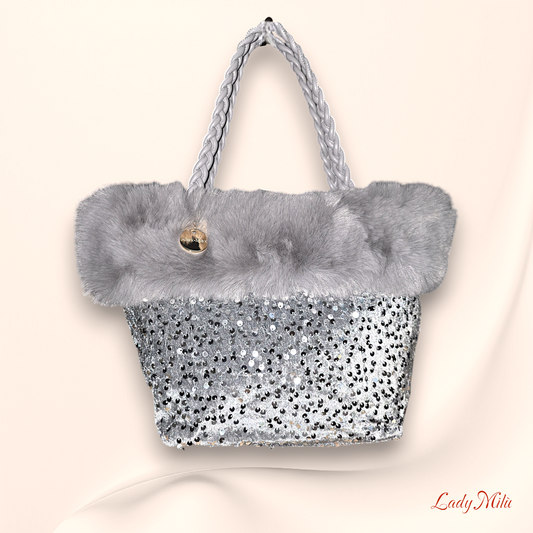 Borsa pelliccia grigia e paillettes