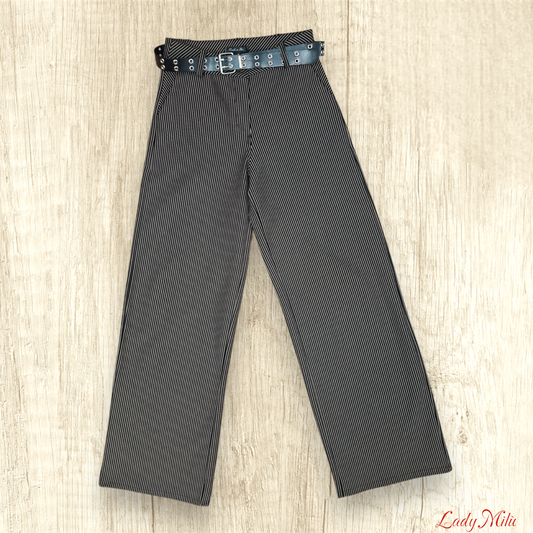 Pantalone largo gessato nero a righe crema