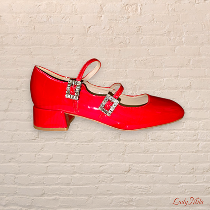 Ballerine vernice rossa  con cinturini e fibbia strass