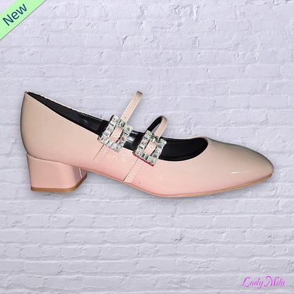 Ballerine vernice rosa  con cinturini e fibbia strass