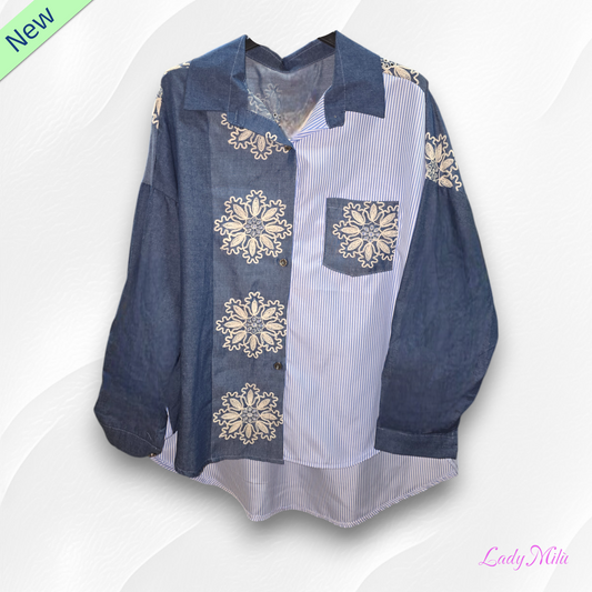 Camicia  jeans righe e fiori
