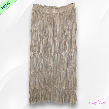 Gonna lunga con frange effetto nabuk beige