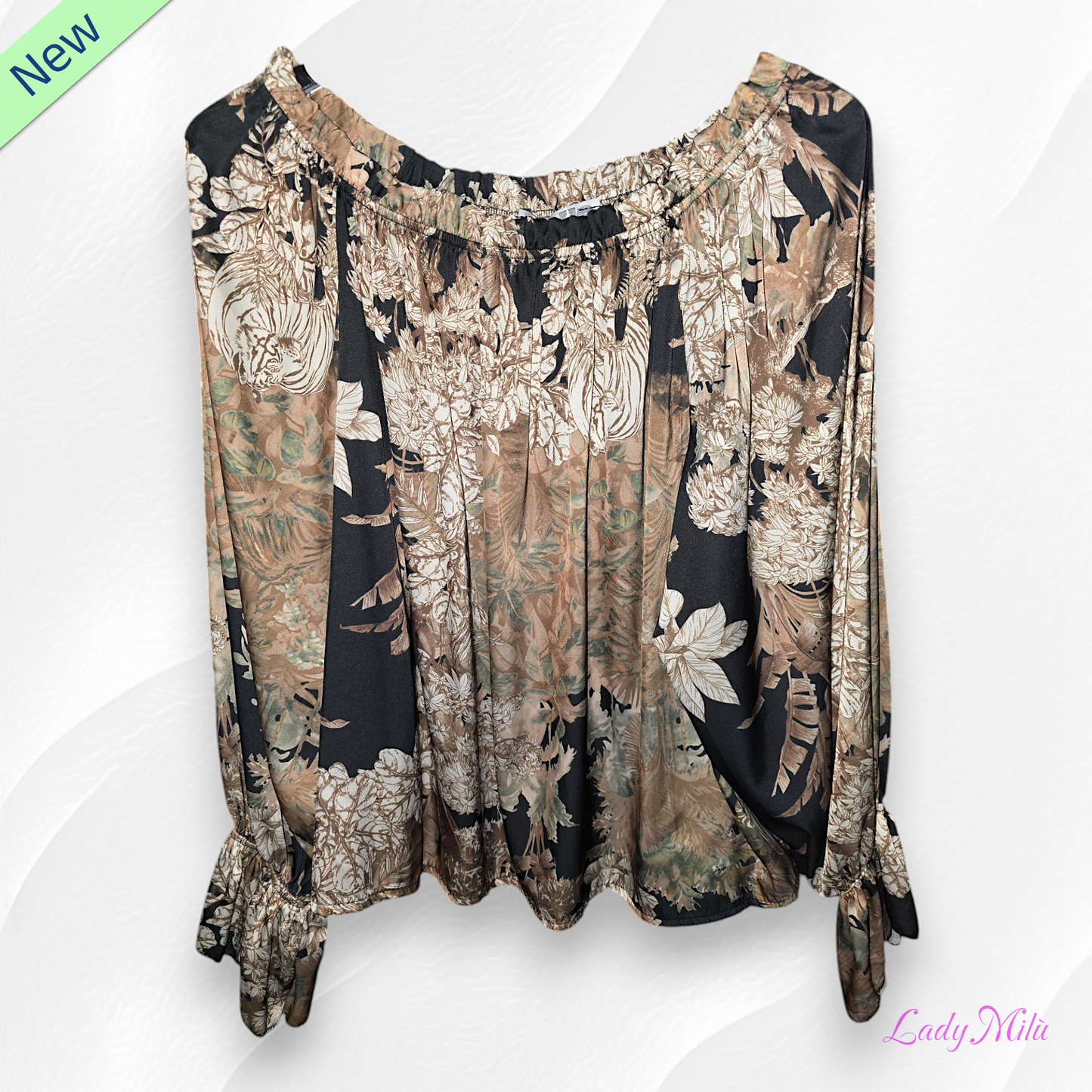 Blusa nera e beige  con fiori