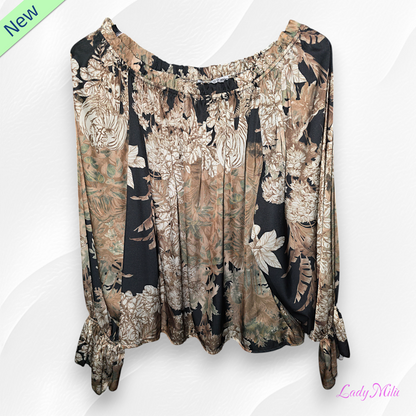 Blusa nera e beige  con fiori