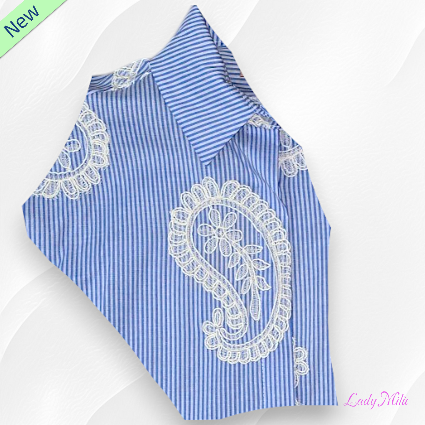 Camicia  millerighe azzurra  con ricami ecrù
