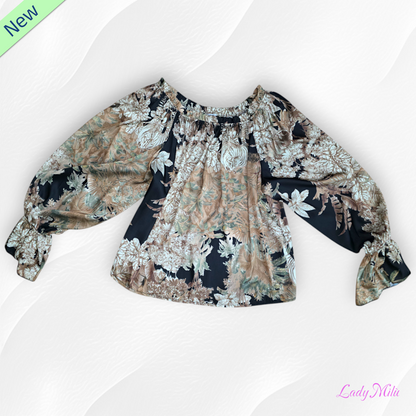 Blusa nera e beige  con fiori
