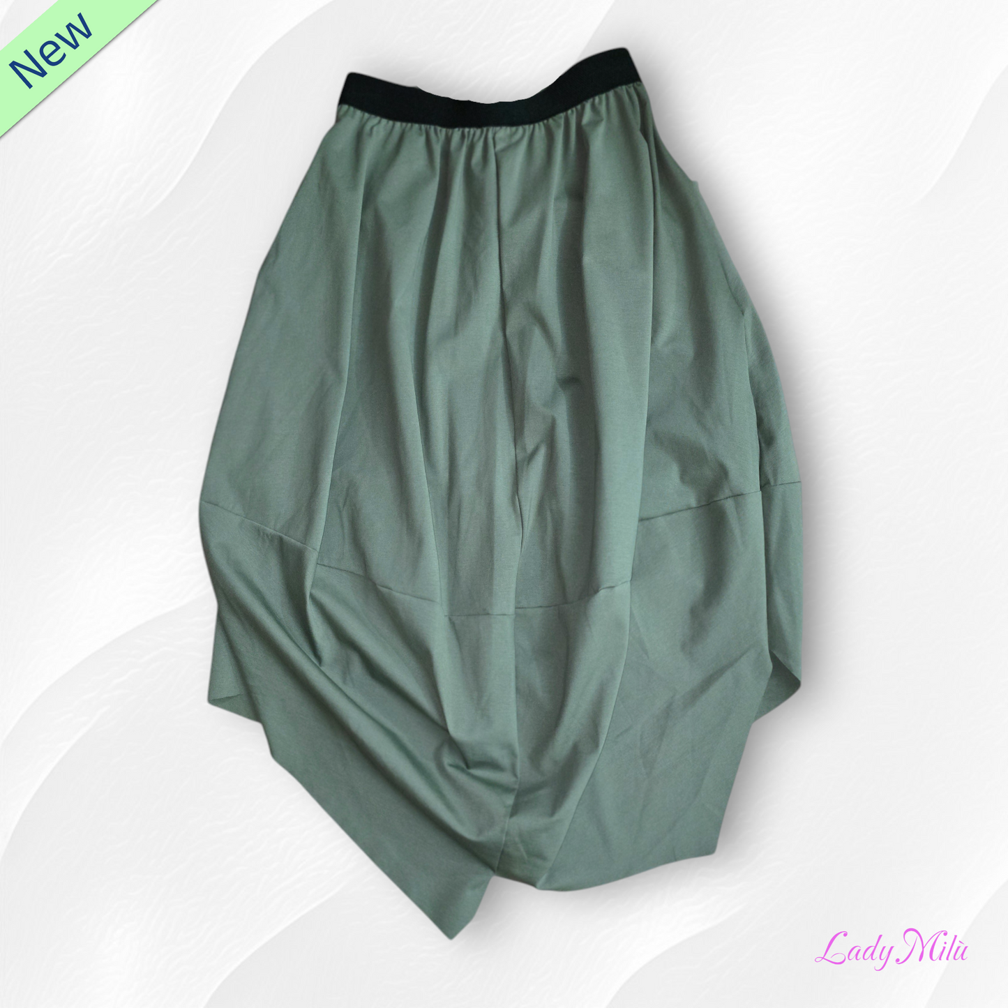 Gonna lunga asimmetrica verde militare  elastico in vita