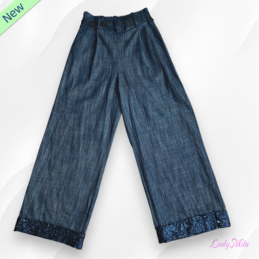Jeans scuro gamba larga con risvolto paillettes blu notte