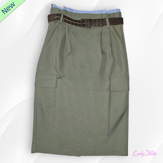 Gonna lunga a vita alta con tasconi verde militare