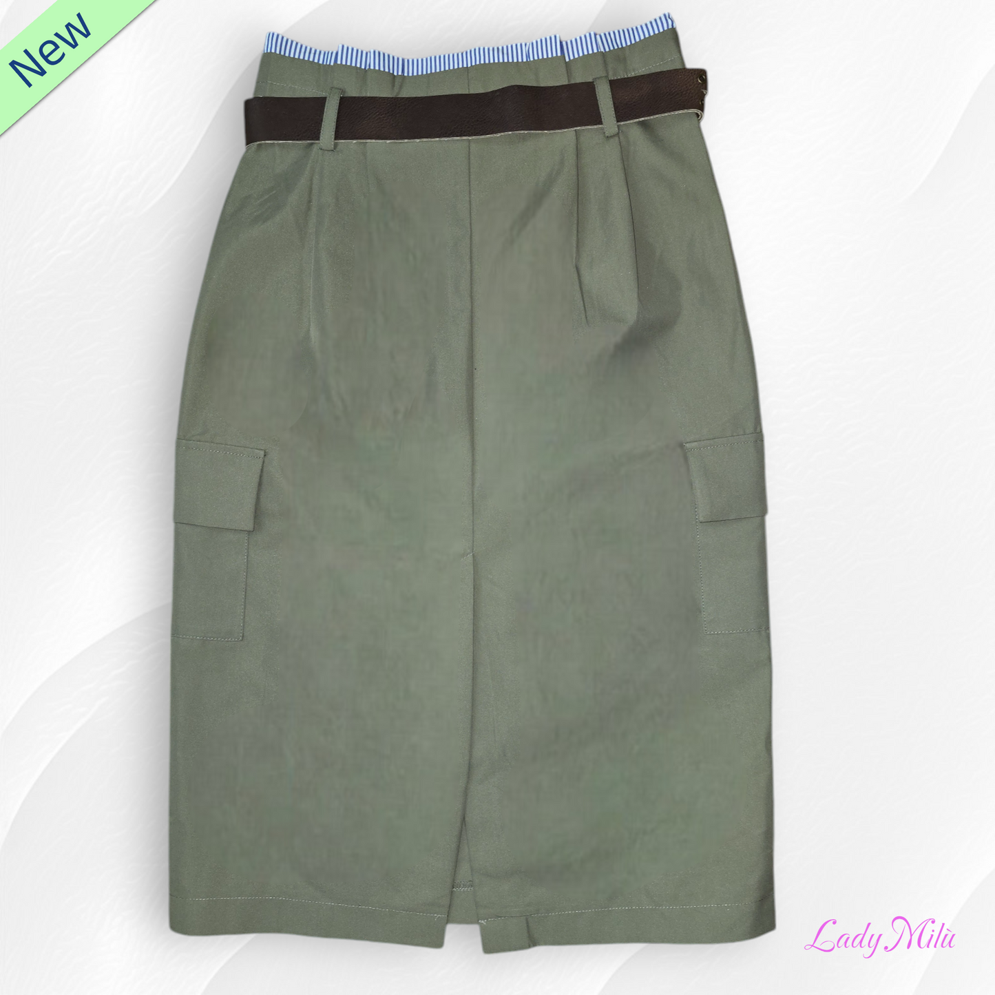 Gonna lunga a vita alta con tasconi verde militare