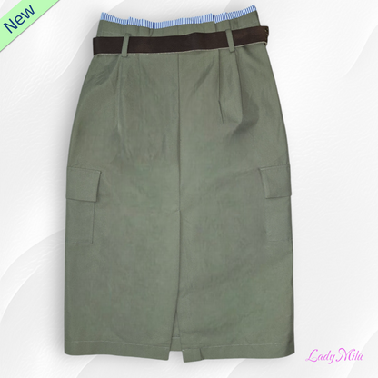 Gonna lunga a vita alta con tasconi verde militare