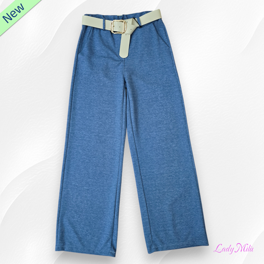 Pantalone effetto denim con cinta gamba larga