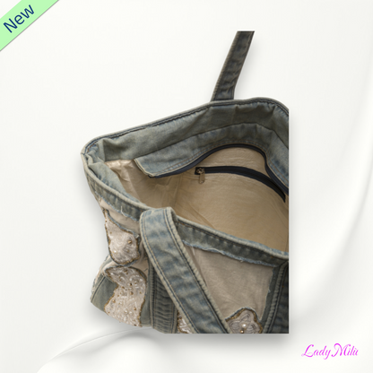 Borsa jeans con paillettes e pizzo