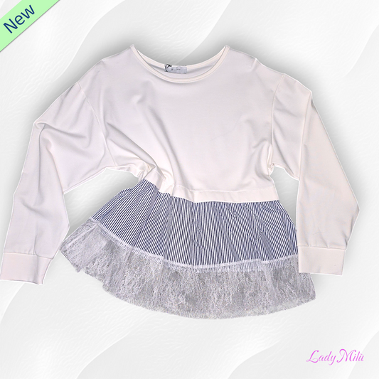 Felpa garzata  bianca con balze righe e pizzo- VIC BEE