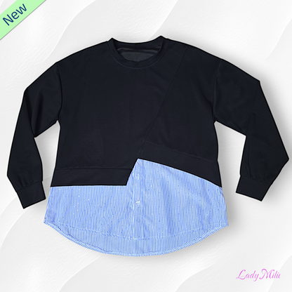 Felpa nera con una parte di camicia a  righe