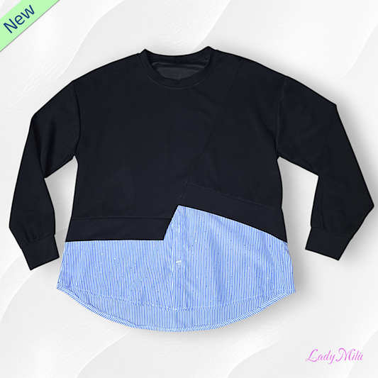 Felpa nera con una parte di camicia a  righe