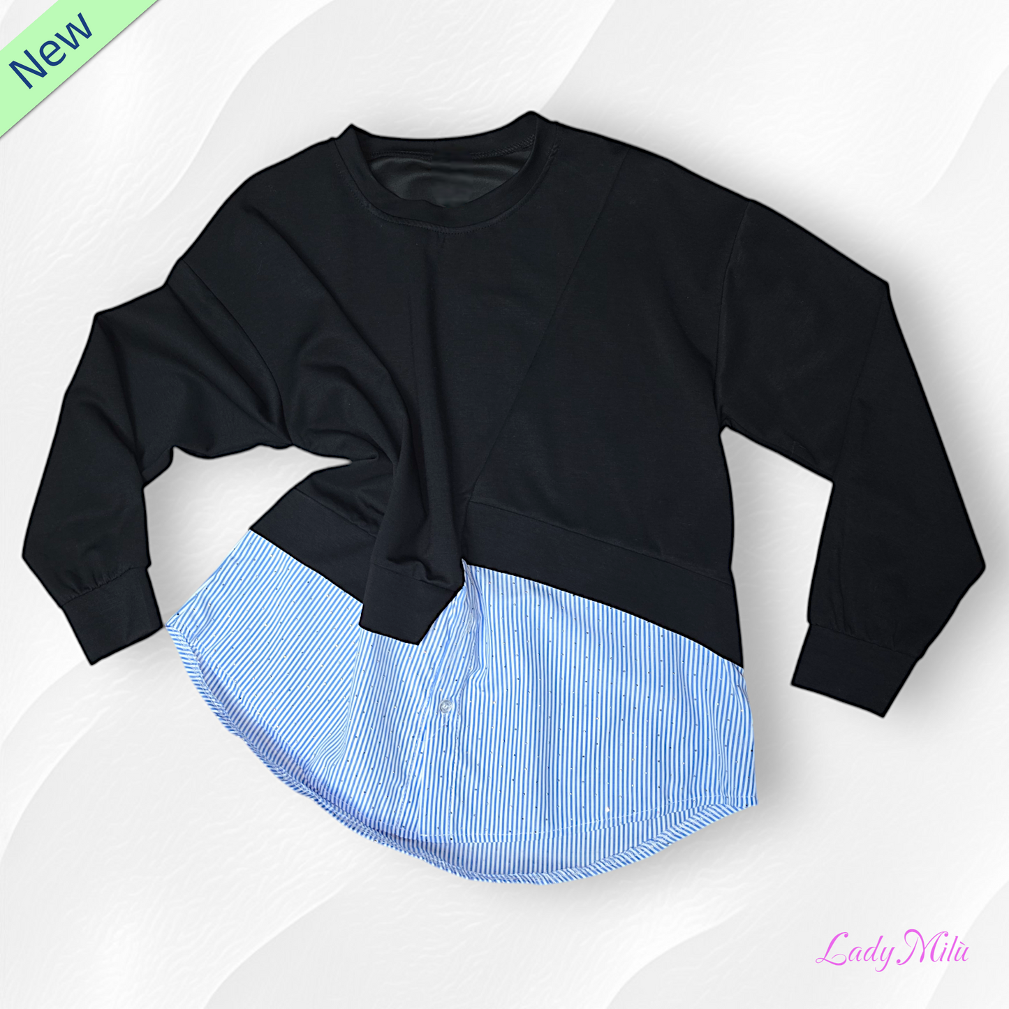 Felpa nera con una parte di camicia a  righe