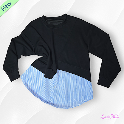 Felpa nera con una parte di camicia a  righe