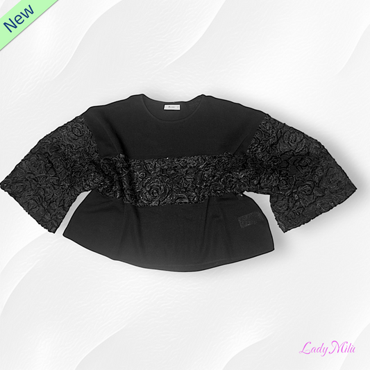 Maglia  filo  nero   con  ricami in pizzo e paillettes - VIC BEE