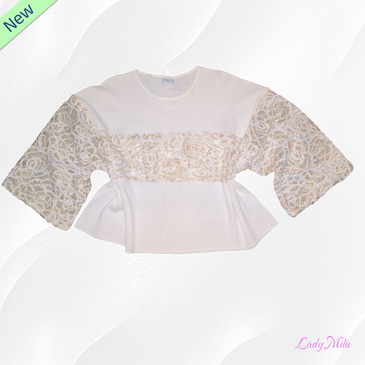 Maglia  filo  bianco  con  ricami in pizzo e paillettes - VIC BEE