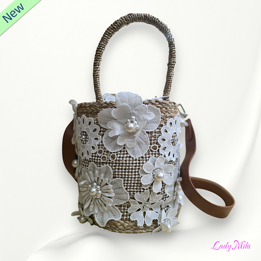 Borsa secchiello paglia perle e pizzo