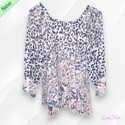 Blusa maculata grigia e beige