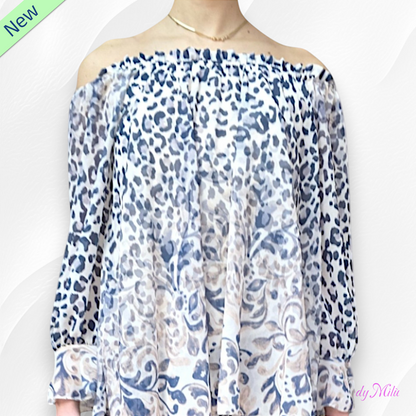 Blusa maculata grigia e beige