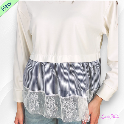 Felpa garzata  bianca con balze righe e pizzo- VIC BEE