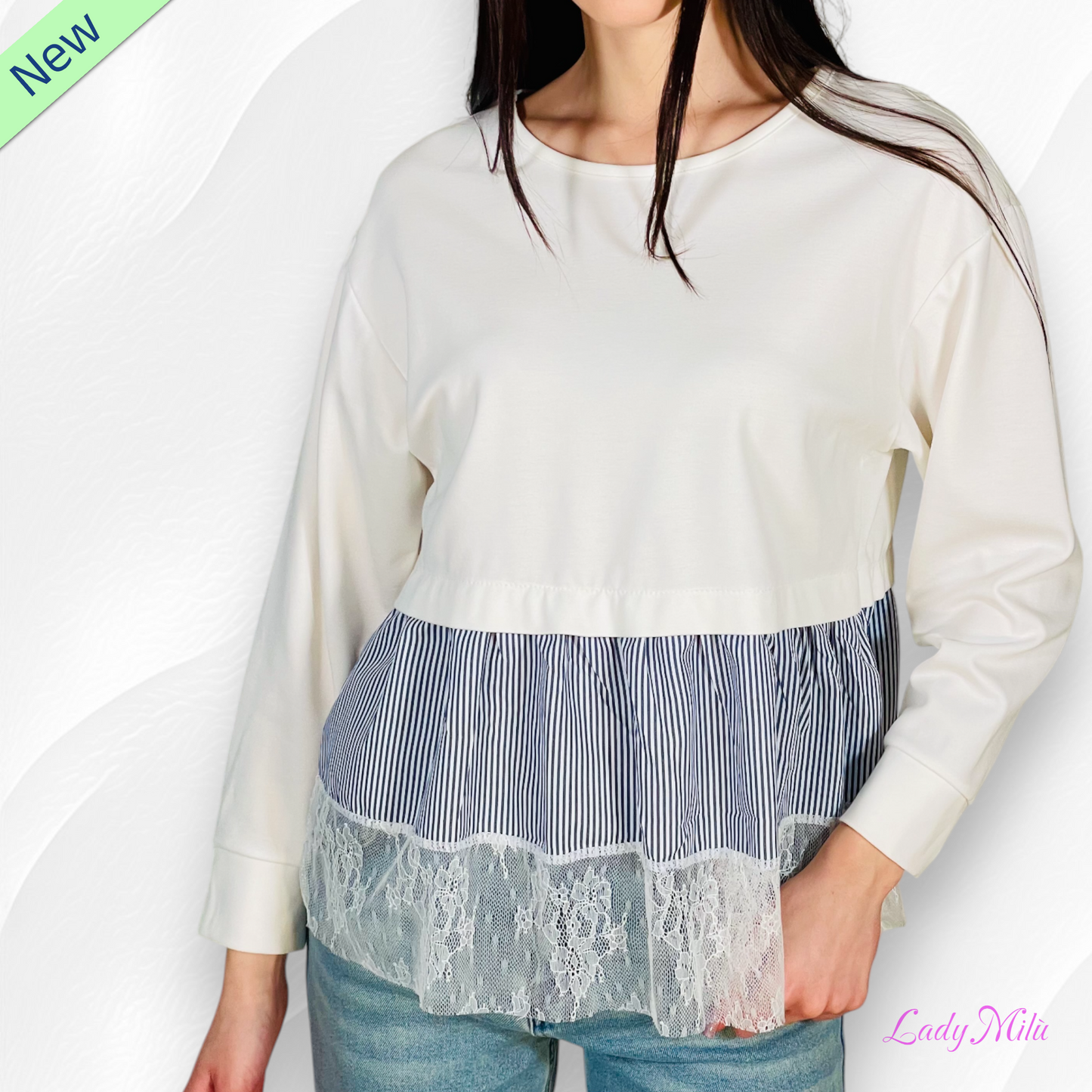 Felpa garzata  bianca con balze righe e pizzo- VIC BEE