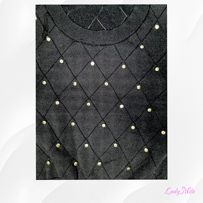 Maglia filo nera a rombi con strass