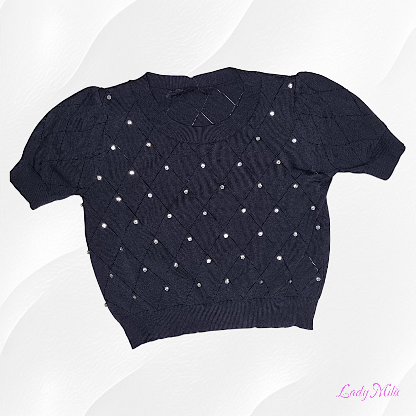 Maglia filo nera a rombi con strass