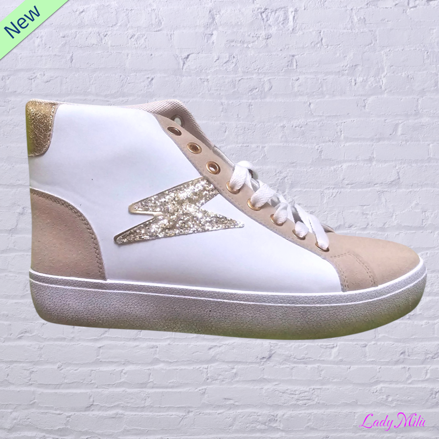Sneakers alta paillettes oro e beige
