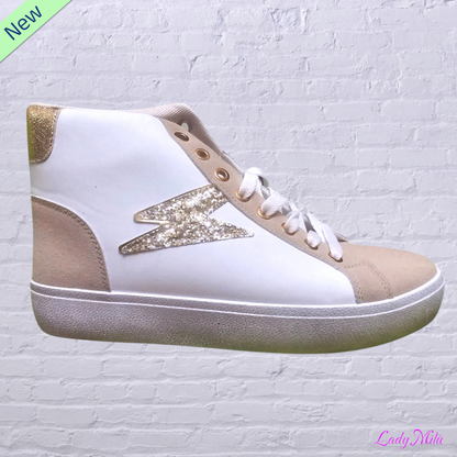 Sneakers alta paillettes oro e beige