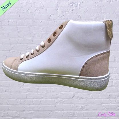 Sneakers alta paillettes oro e beige