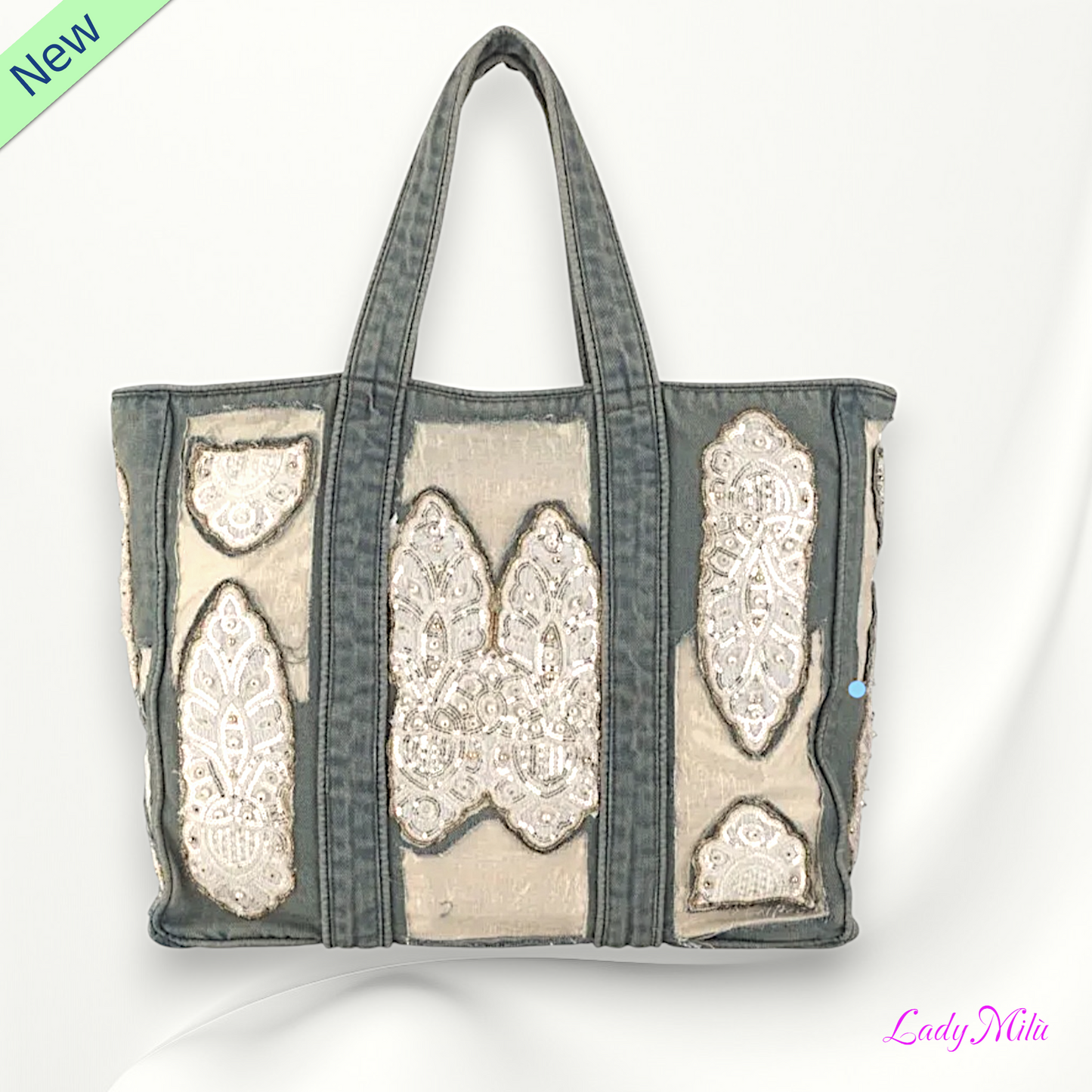 Borsa jeans con paillettes e pizzo