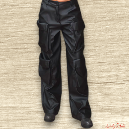 Pantalone ecopelle nero largo con tasconi - stile streetwear